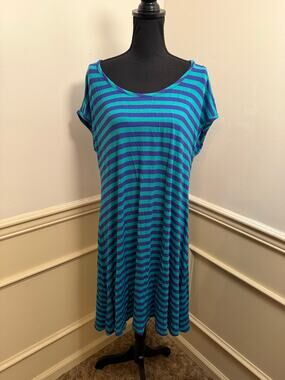 Addition Elle Plus Size Teal & Purple Striped Knit T-Shirt Swing Dress Casual